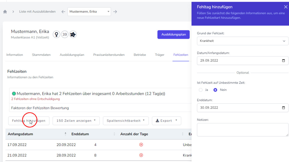 Fehlzeiten eintragen